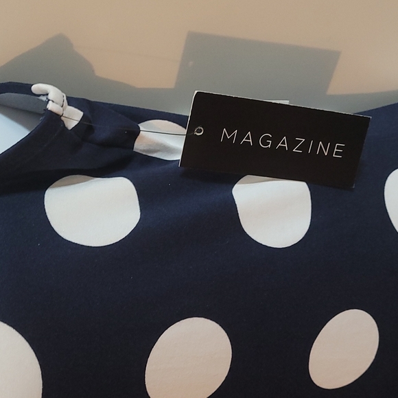 NWT Magazine Navy Blue White Polka Dot Print High Low Dress M - Picture 3 of 6